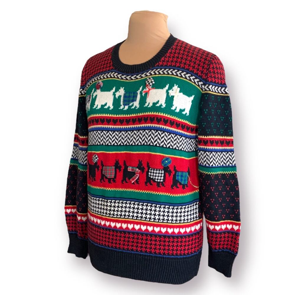 Vintage 90s Susan Bristol Scottie Dog Fair Isle Red Plaid Knit Sweater Large - Picture 3 of 12